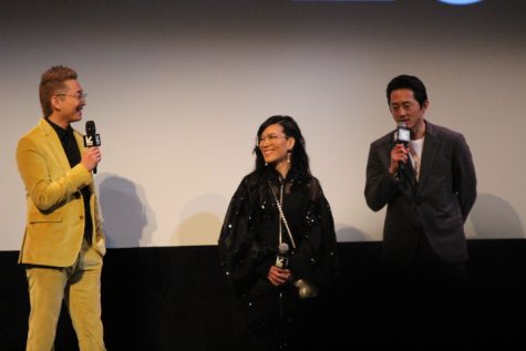 Ali Wong (middle) and Steven Yeun (right) answer questions in a QnA session after the Beef premier. Beef had its world premiere at SXSW on March 18, 2023. photo by JC Ramirez Delgadillo. 
