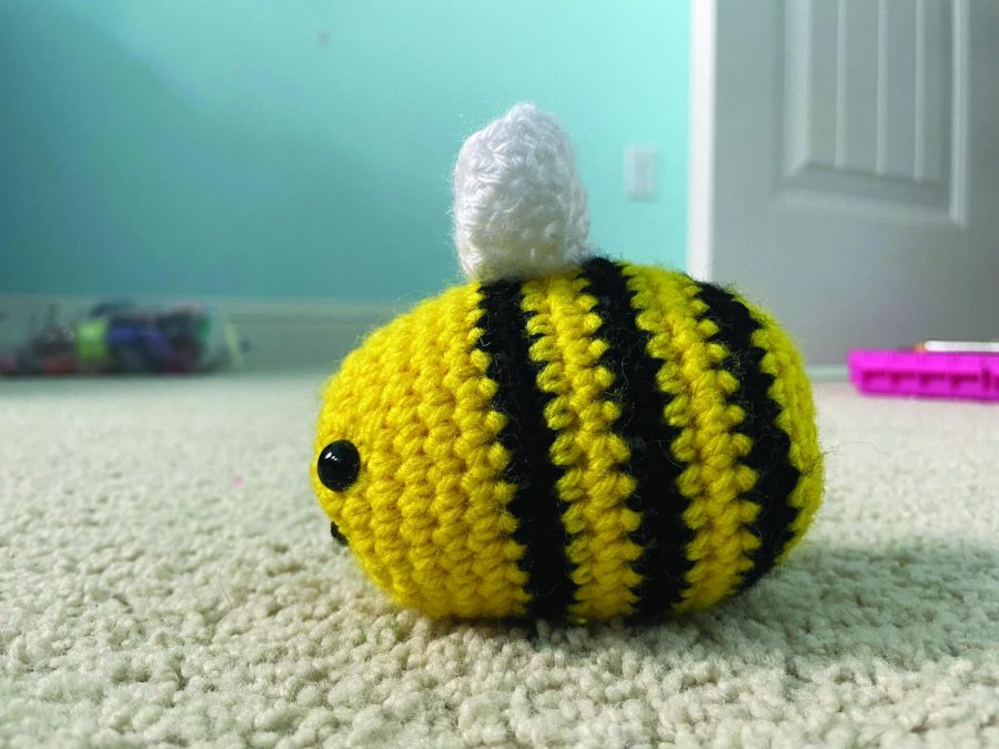 BUSY+BEE%3A+Shantala+Todaha+crochets+animals+for+her+non-profit%2C+FurPaws.+One+of+the+animals+she+likes+to+crochet+are+bumblebees%2C+as+pictured+above.+Photo+by+Shantala+Todaha