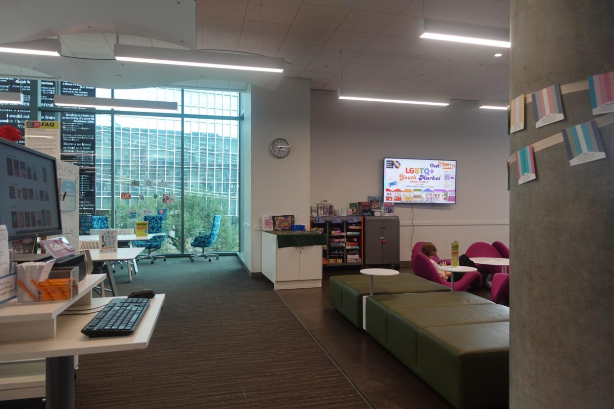 TO THE LIBRARY An activity area in Teen Central, a space that is part of the Austin Central Library. This is a space where teens are able to work on homework, play games, do crafts, and much more. 