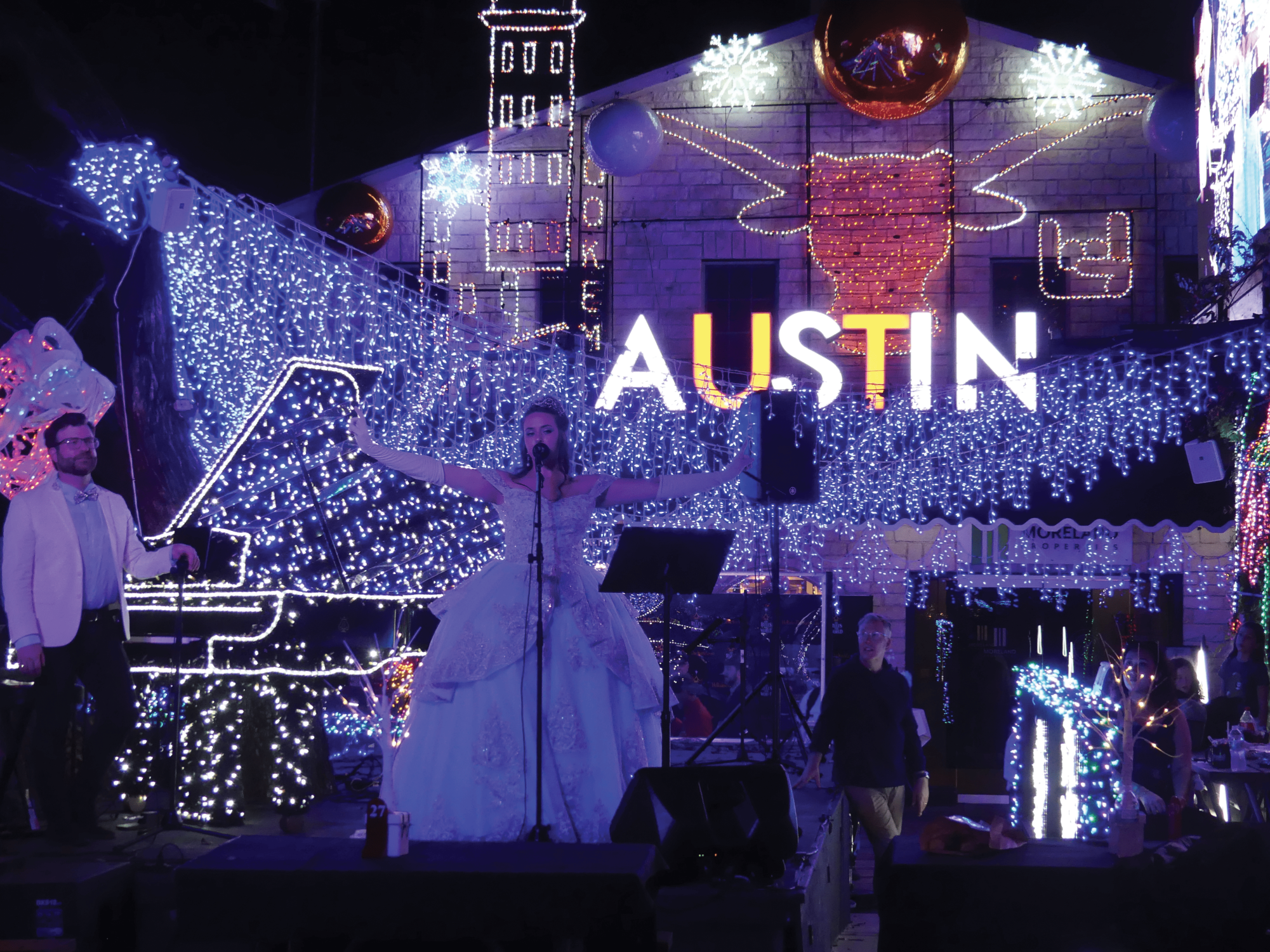 A performer sings at Mozart's festival of light.